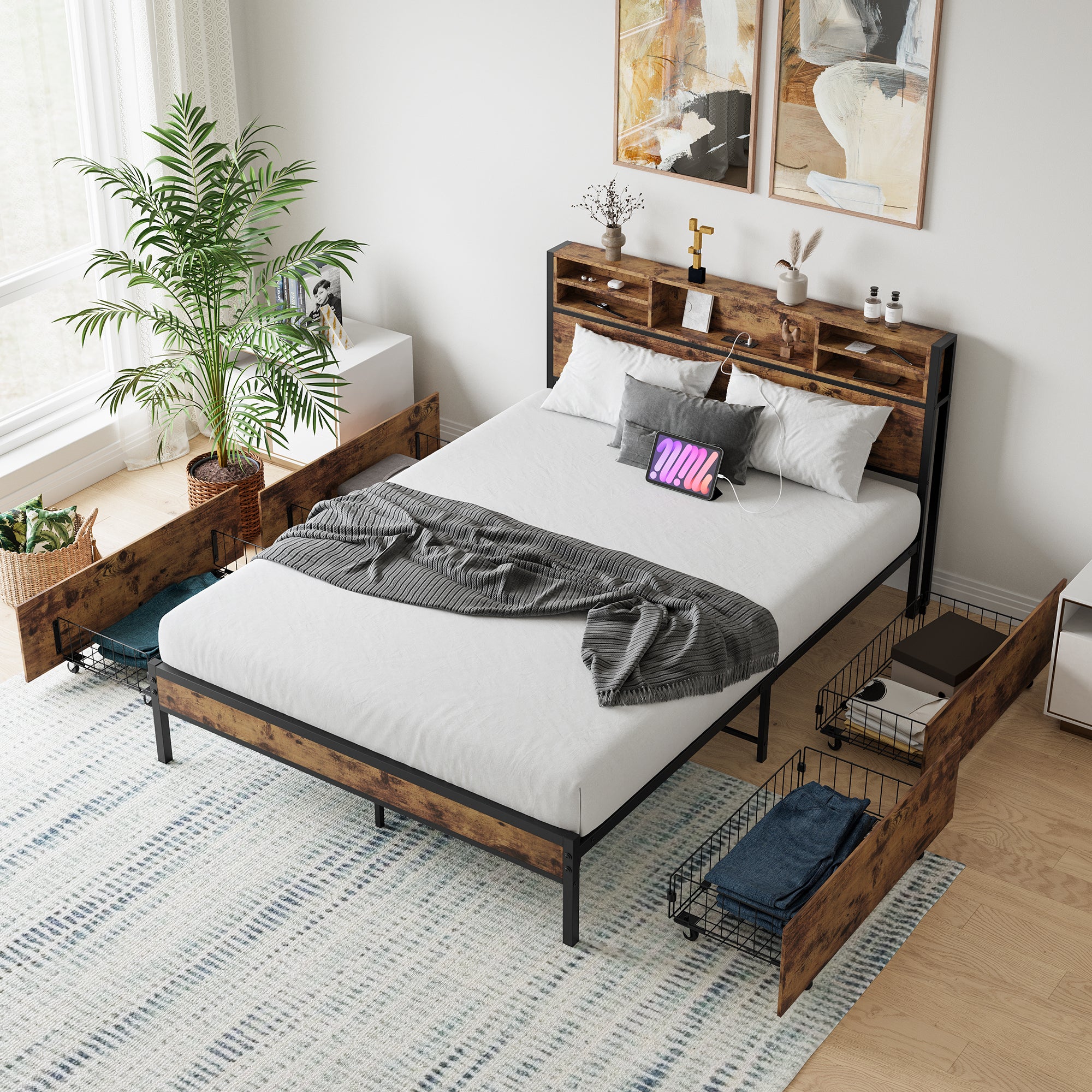Queen Bed Frame with  Storage Headboard and 4 Drawers - Atlantic Fine Furniture Melbourne FL