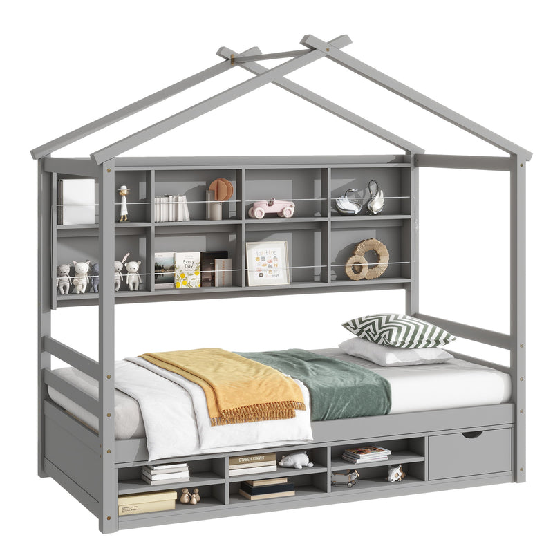 House Bed With Roof Frame, Bedside-Shelves, Under Bed Storage Unit