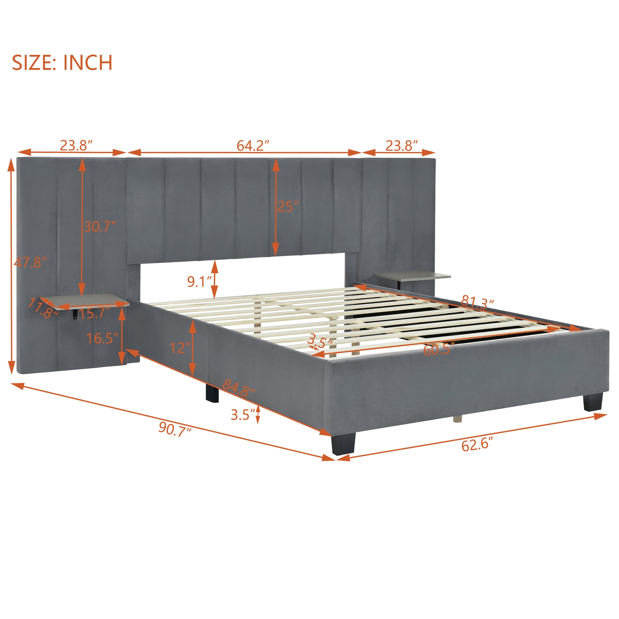 Queen Size Upholstered Platform Bed with Big Headboard, Bedroom Furniture, Velvet, Gray - Atlantic Fine Furniture Melbourne FL