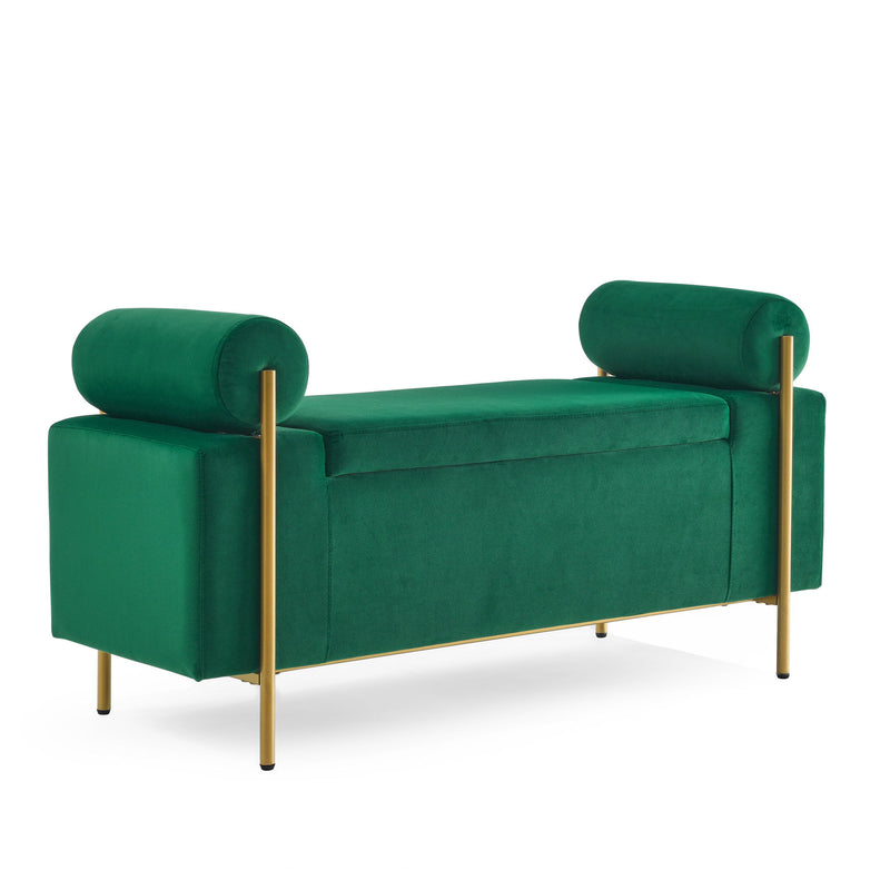 Elegant Upholstered Linen Storage Bench With Cylindrical Arms And Iron Legs, White