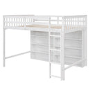 Full Size Loft Bed with 8 Open Storage Shelves and Built-in Ladder, White
