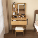 Vanity Table With LED Mirror, Power Outlet, Hairdryer Holder & Padded Stool, Compact Dressing Desk For Small Bedrooms - Wood