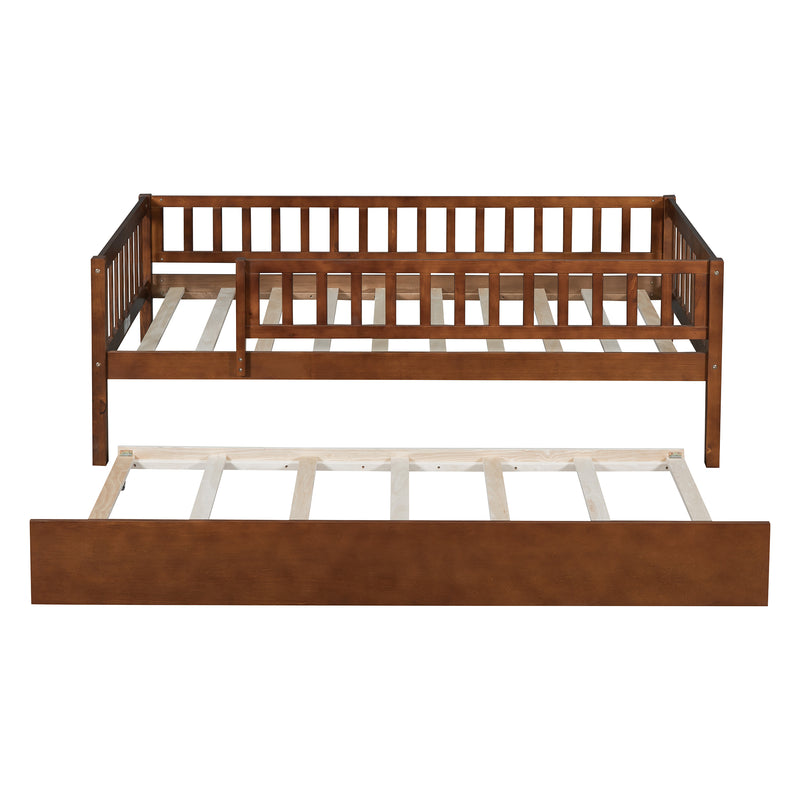 Twin Size Wood Daybed with Trundle and Fence Guardrails, Walnut