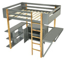 Full Size Wood Loft Bed With Built-in Storage Cabinet and Cubes, Foldable desk, Gray
