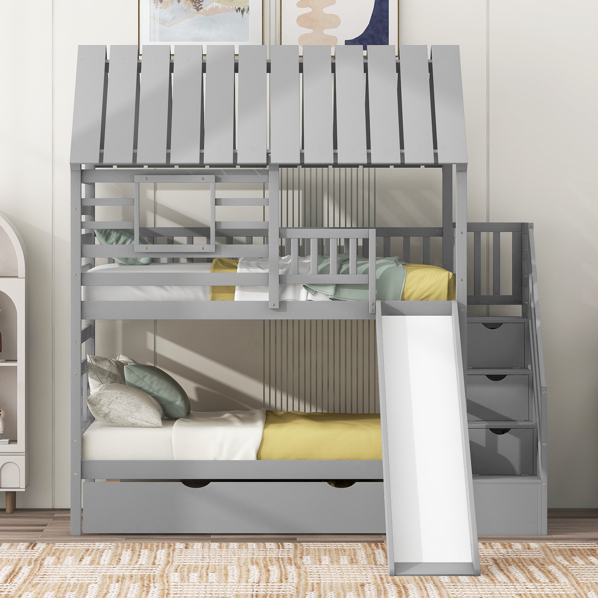 Twin over Twin House Bunk Bed with Trundle and Slide, Storage Staircase, Roof and Window Design, Gray(Old SKU: GX000931AAE) - Atlantic Fine Furniture Melbourne FL