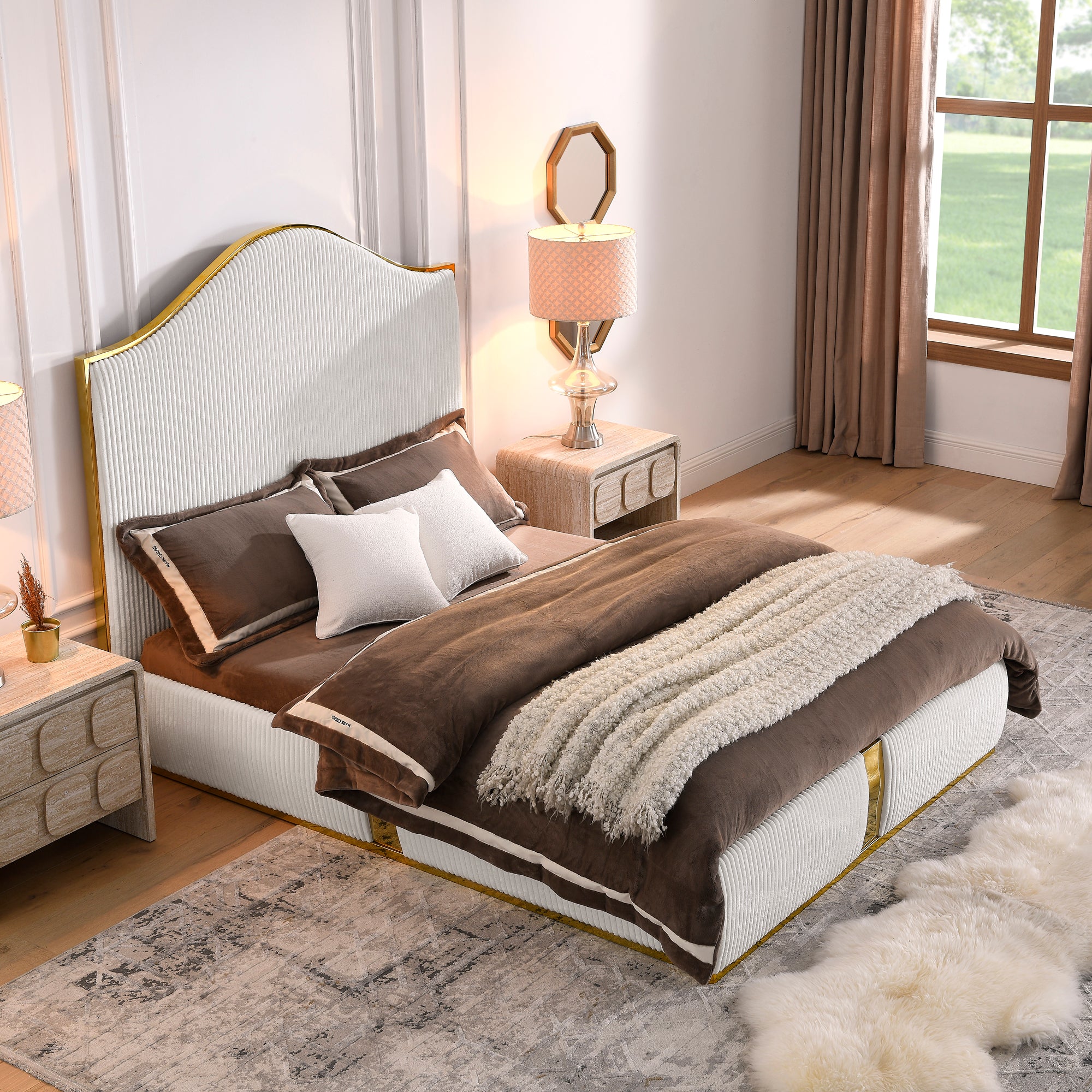 Corduroy Upholstered Bed Frame Queen Size 59.5" Tall  Headboard Queen Bed Frame Metal Decoration /No Box Spring Needed - Atlantic Fine Furniture Melbourne FL