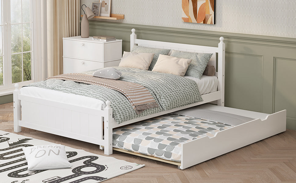 Full Size Solid Wood Platform Bed Frame with trundle for Limited Kids, Teens, Adults, No Need Box Spring, White - Atlantic Fine Furniture Melbourne FL