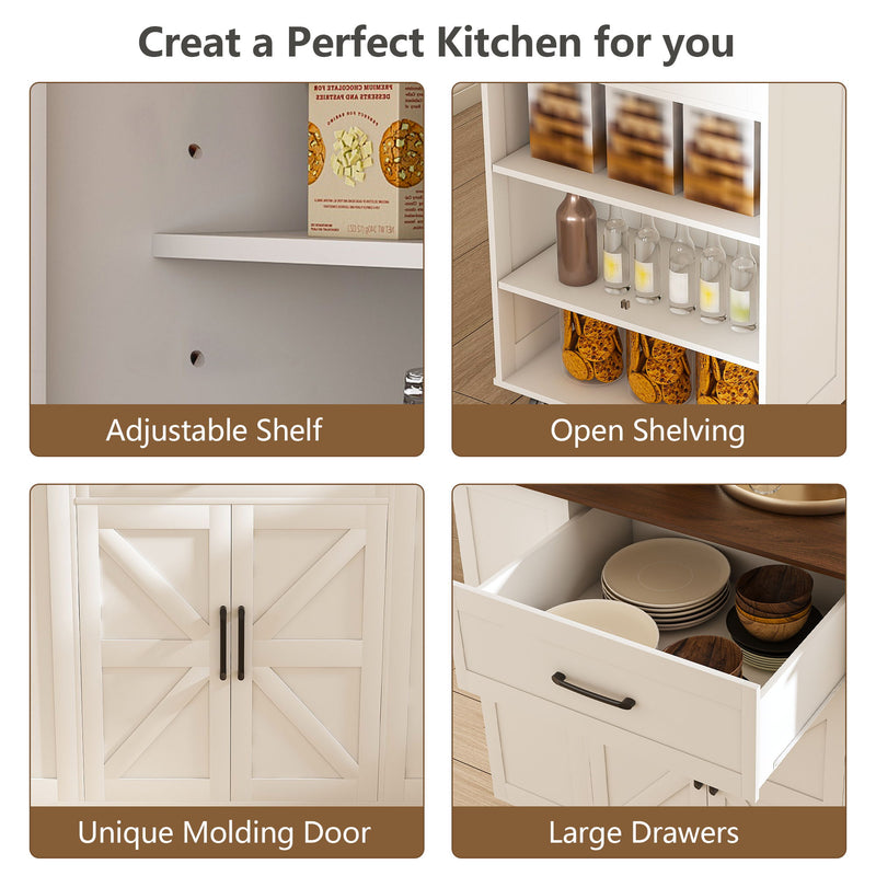 Rustic Movable Kitchen Island On Wheels With Storage & Power Outlet - White