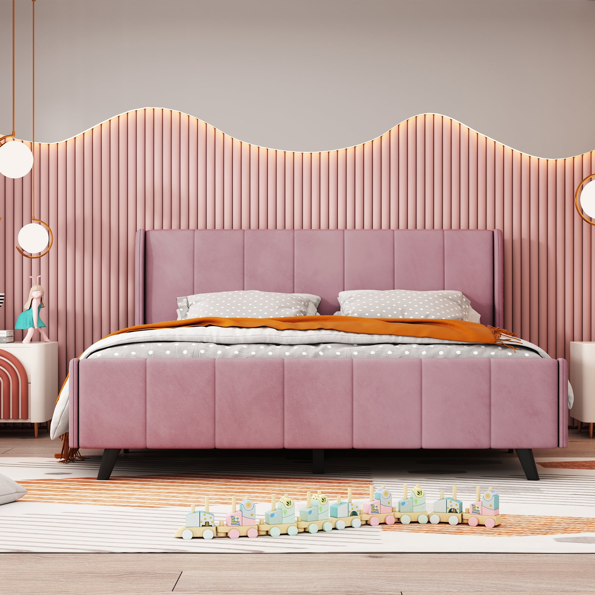 Queen Size Upholstered Platform Bed, Velvet, Pink - Atlantic Fine Furniture Melbourne FL