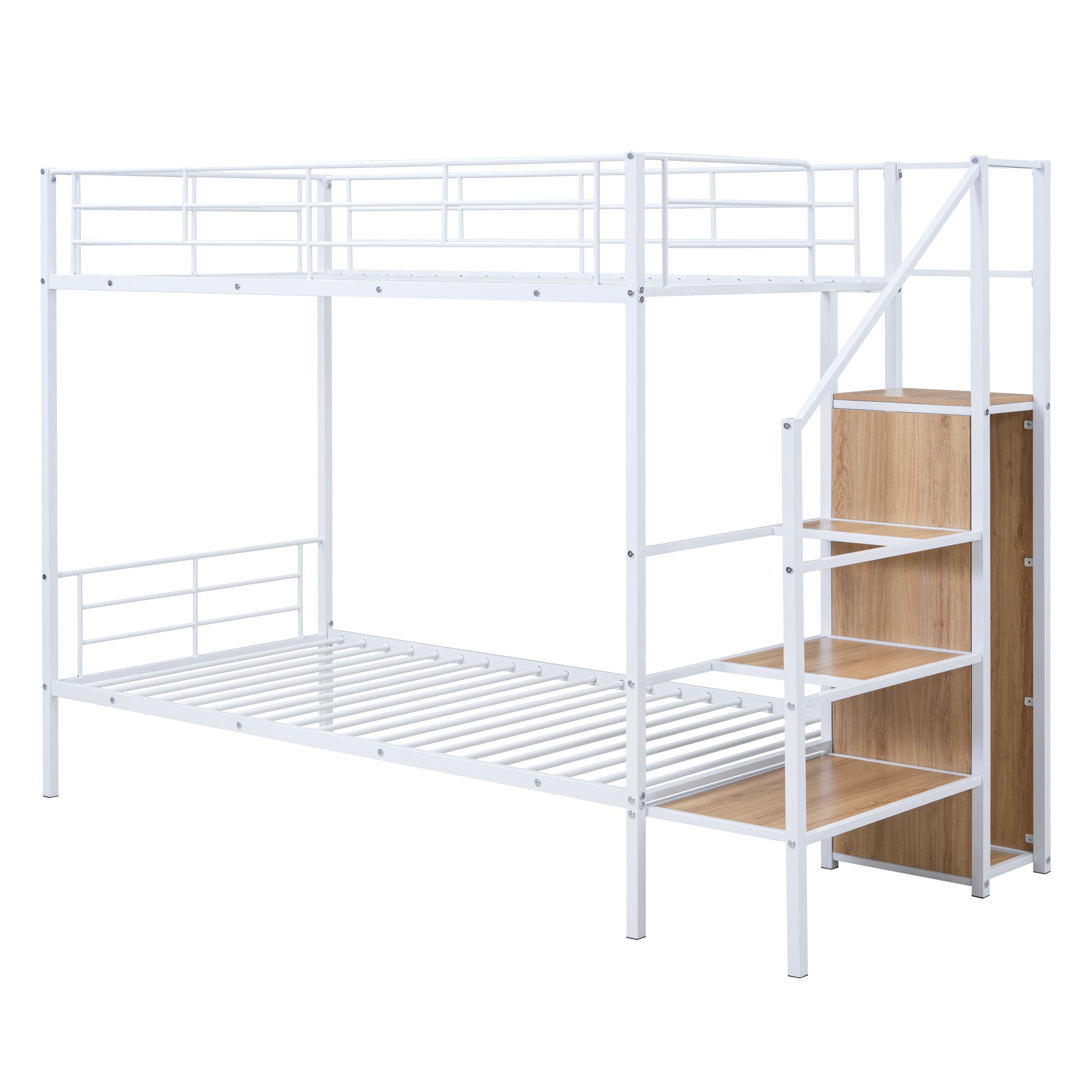 Twin Over Twin Metal Bunk Bed with Lateral Storage Ladder and Wardrobe, White - Atlantic Fine Furniture Melbourne FL