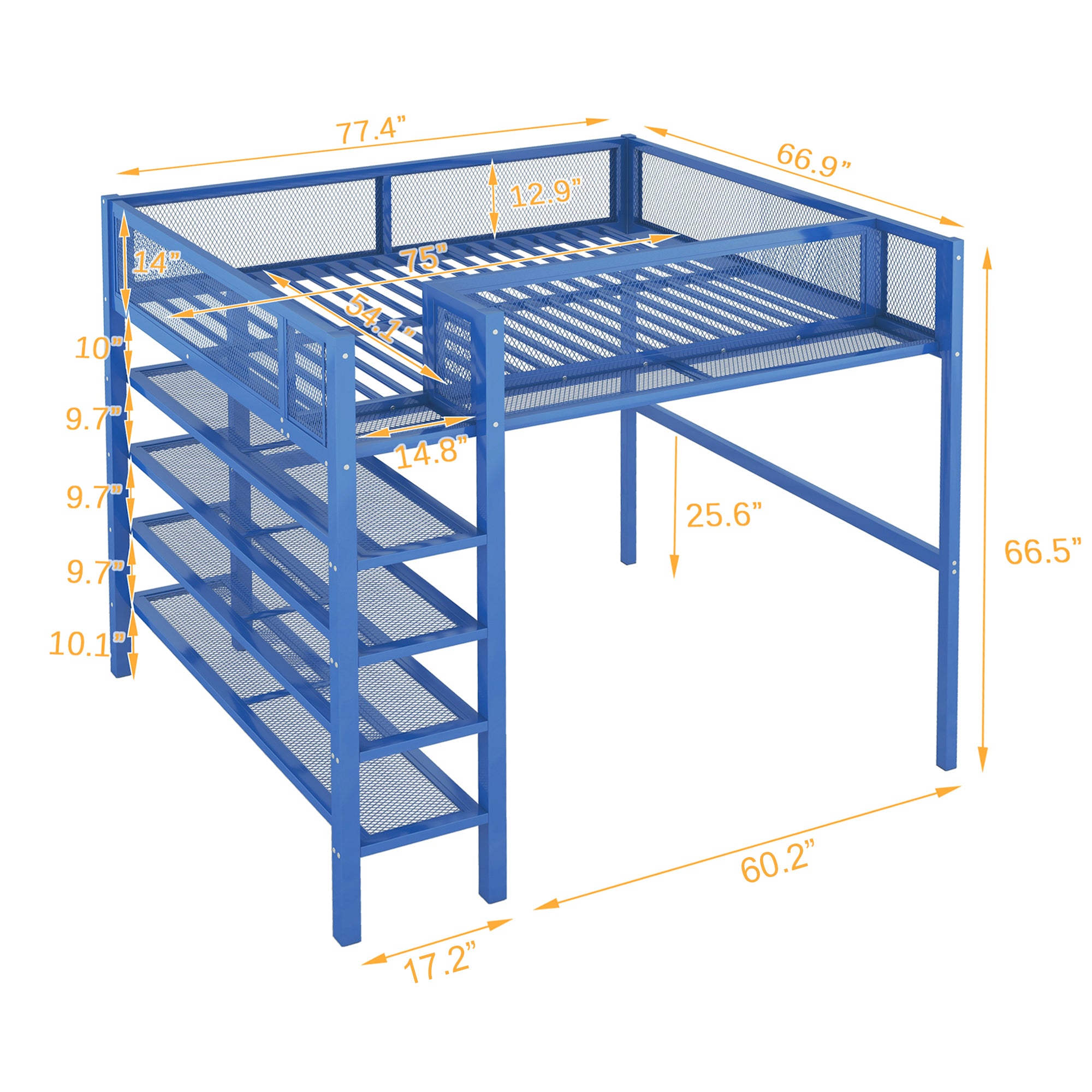Full Size Metal Loft Bed with 4-Tier Shelves and Storage, Blue - Atlantic Fine Furniture Melbourne FL
