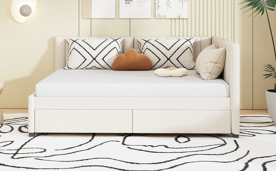 Full Size Upholstered Daybed with 2 Storage Drawers Sofa Bed Frame No Box Spring Needed, Linen Fabric (Beige) - Atlantic Fine Furniture Melbourne FL