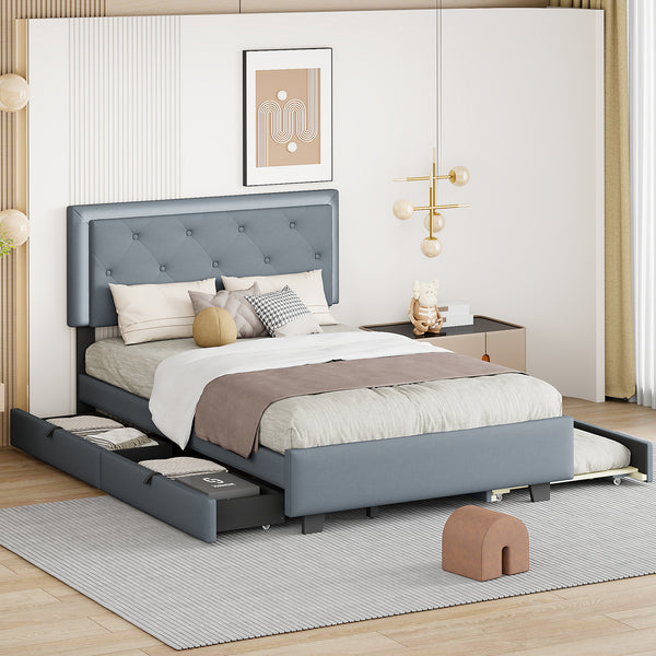 Full Size Velvet Storage Platform Bed, with 2 Big Drawers, T Size Trundle and LED Light, Gray