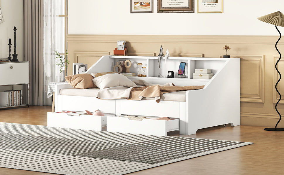 Twin to King Size Daybed Frame with Storage Bookcases and Two Drawers,Charging Design,White - Atlantic Fine Furniture Melbourne FL