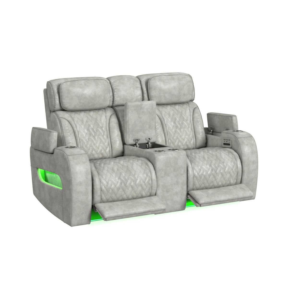 Prime Time P3 Loveseat With Console, 7 Colors Led, Cup Holders And Wireless Charger Controller in Leather Gel Light Gray by Elements International, view 14