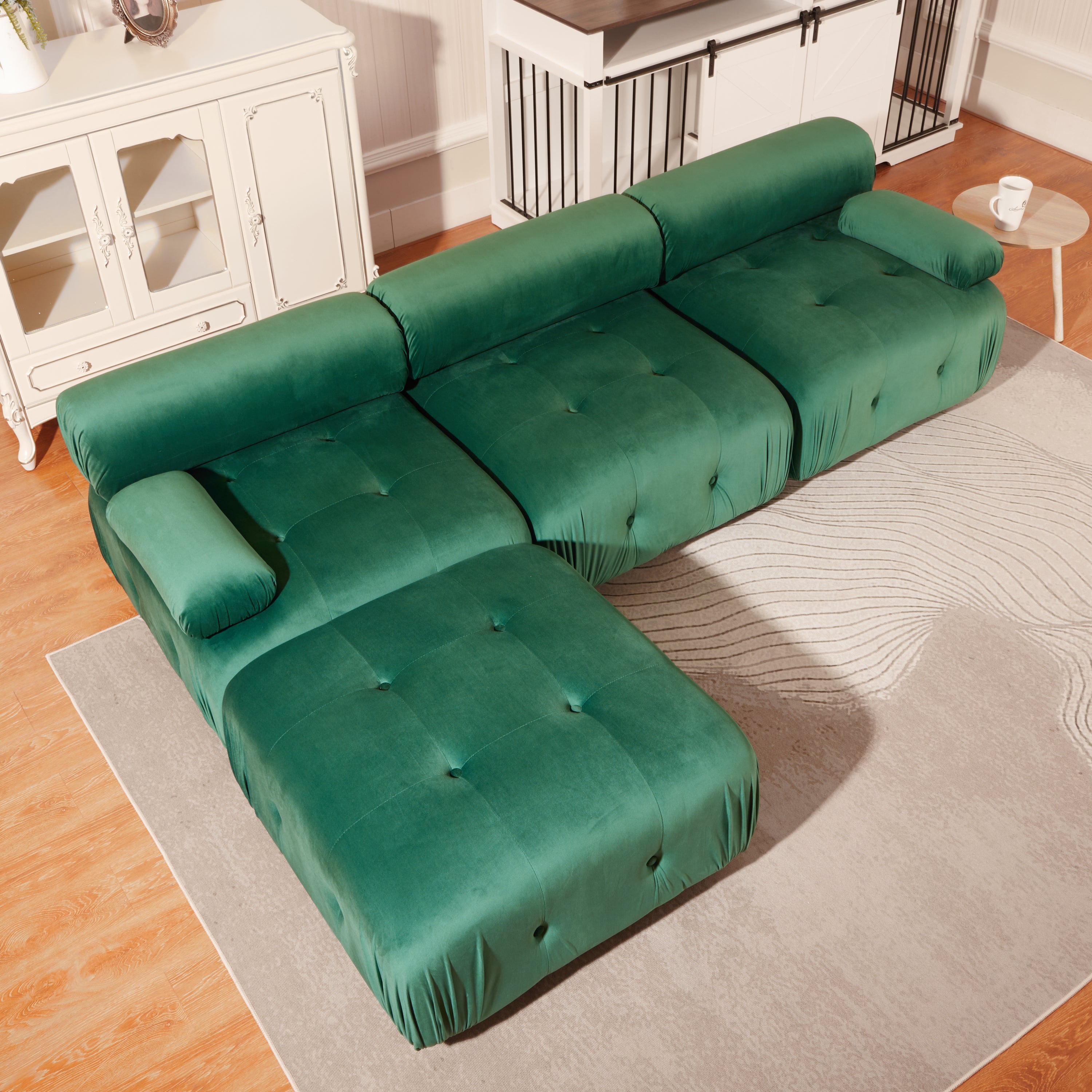 Modular Sectional Sofa Couch, Modern L Shaped Cloud Couch with Reversible Ottoman Convertible Button Tufted Velvet Fabric Couches for Living Room, DIY Combination,Green