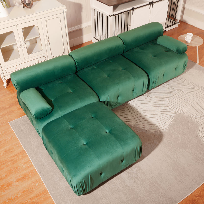 Modular Sectional Sofa Couch, Modern L Shaped Cloud Couch with Reversible Ottoman Convertible Button Tufted Velvet Fabric Couches for Living Room, DIY Combination,Green