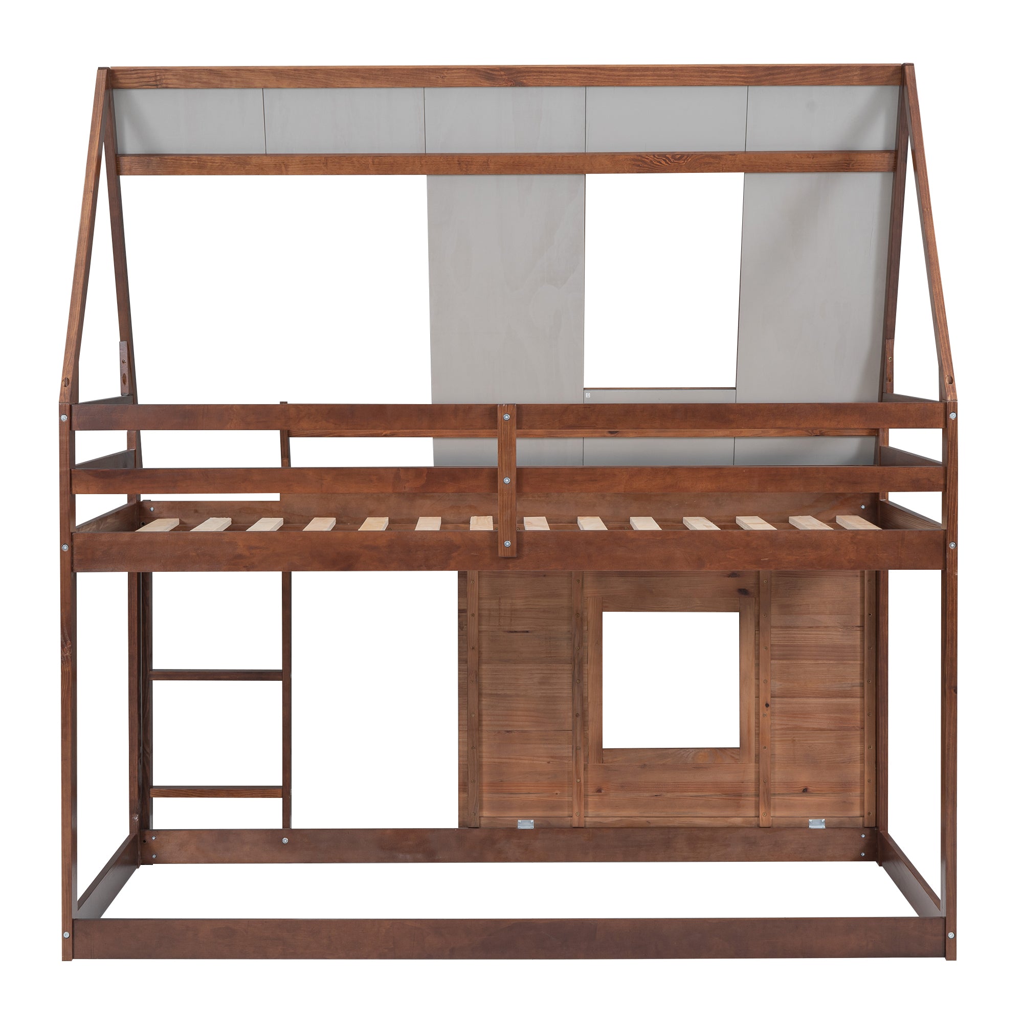 Wood Twin Size House Bunk Bed with Roof, Ladder and 2 Windows, Oak & Smoky Grey - Atlantic Fine Furniture Melbourne FL