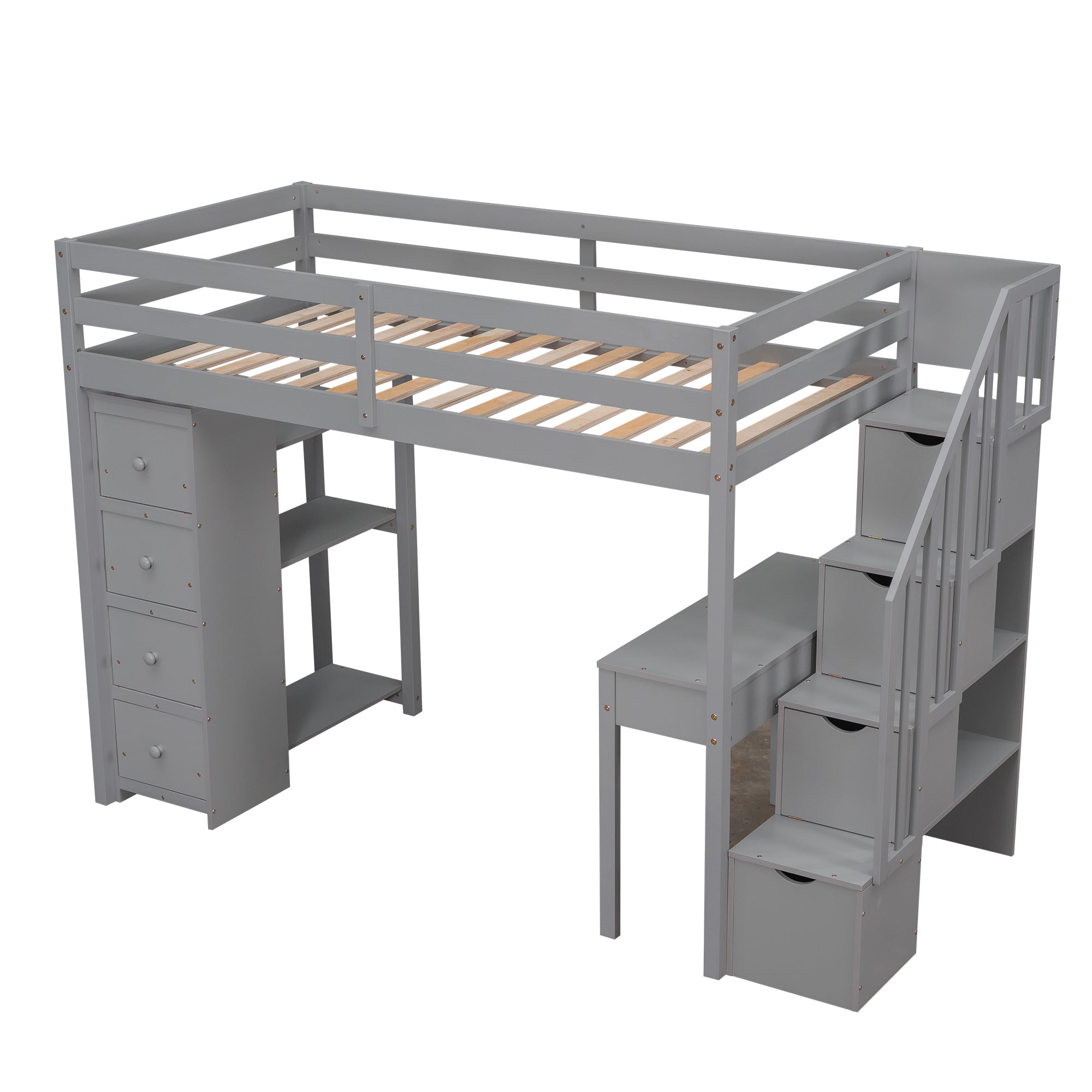 Twin size Loft Bed with Storage Drawers ,Desk and Stairs, Wooden Loft Bed with Shelves - Gray - Atlantic Fine Furniture Melbourne FL