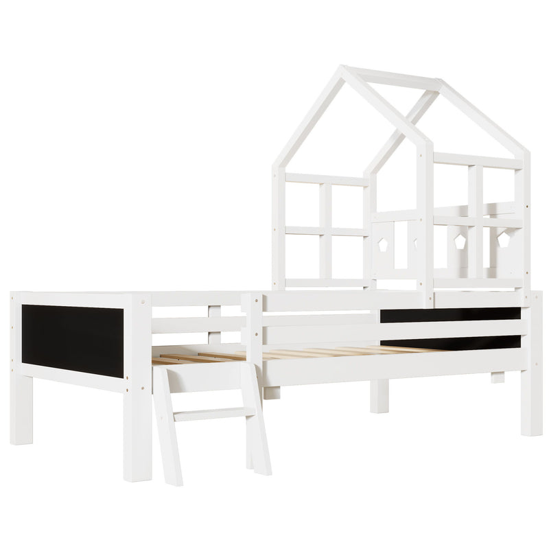 House Bed With Ladder And Storage Drawers Platform With Blackboard, No Box Spring