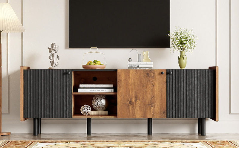 Mid Century TV Stand With 3 Cabinets, Media Console Table For Tvs Up To 70'', Entertainment Center With Storage For Living Room - Black / Brown