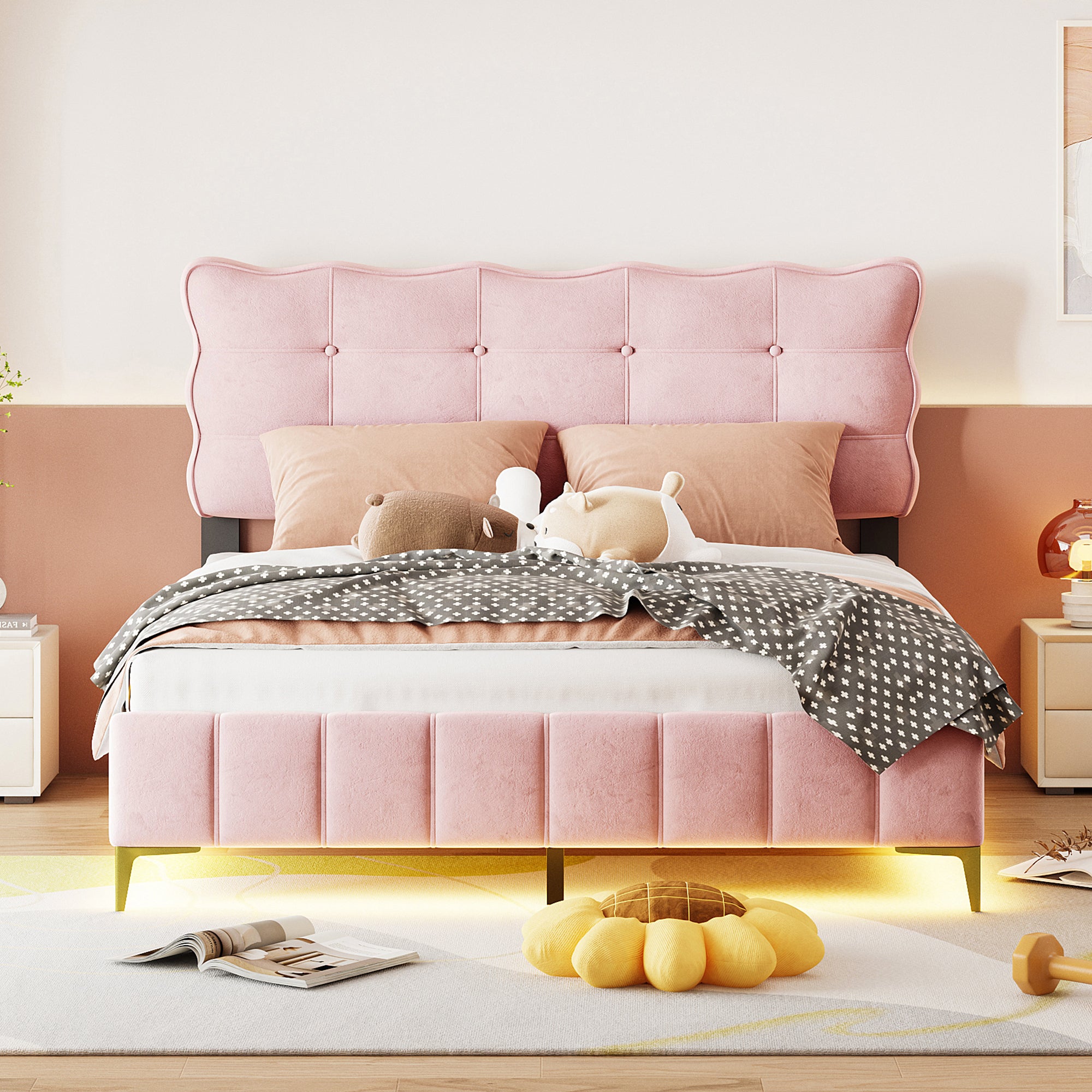 Queen Size Velvet Platform Bed with LED Frame and Stylish Mental Bed Legs, Pink - Atlantic Fine Furniture Melbourne FL