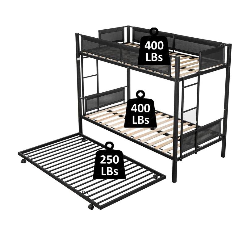 Metal Twin Over Twin Bunk Bed With Trundle/ Sturdy Metal Frame/ Noise Free Wood Slats/ Comfortable Textilene Guardrail/ 2 Side Ladders/ Space Saving Trundle/ Bunk Bed For Three/ No Box Spring Needed - Black