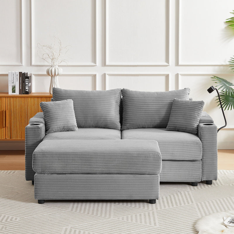 Modern Style Loveseat Sofa Sectional Sofa Couch With Storage Space, A Movable Ottoman, Two USB Ports, Two Cup Holders, A Phone Holder For Living Room