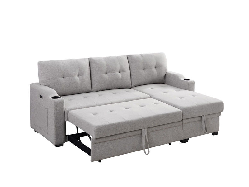 Mabel - Linen Fabric Sleeper Sectional With Cupholder, USB Charging Port And Pocket