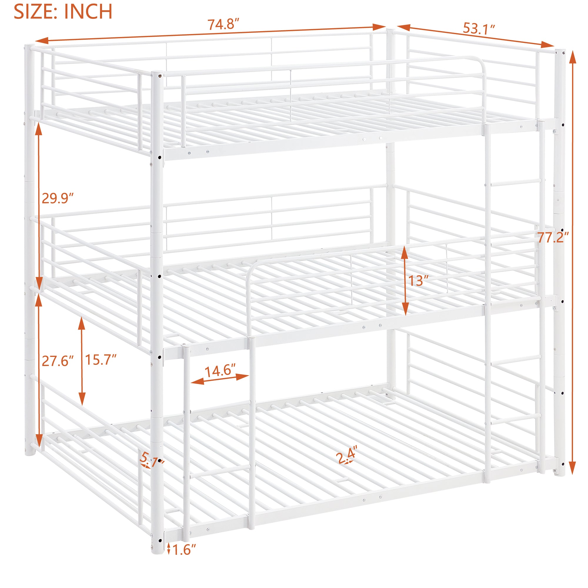 Full-Full-Full Metal  Triple Bed  with Built-in Ladder, Divided into Three Separate Beds,White(OLD SKU:LP000297AAK) - Atlantic Fine Furniture Melbourne FL