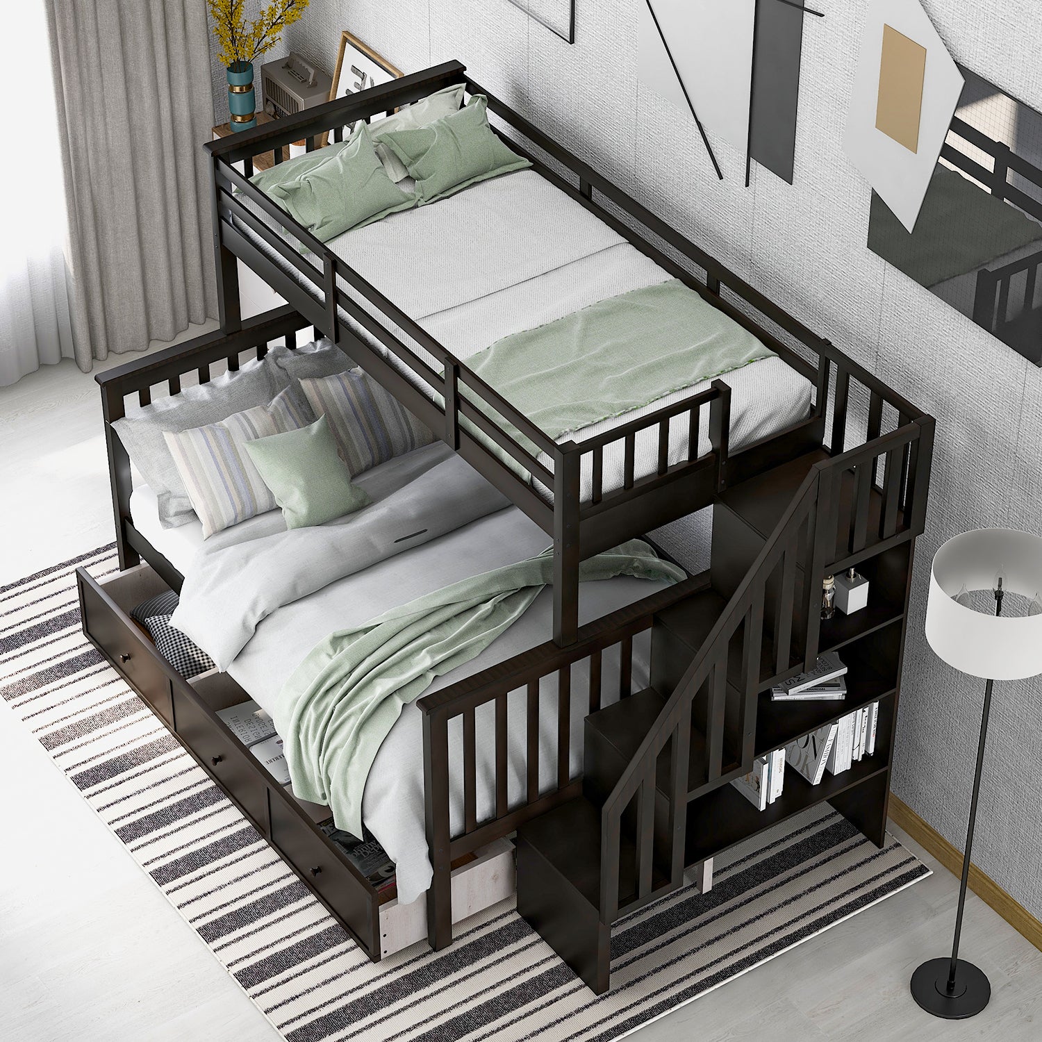 Stairway Twin-Over-Full Bunk Bed with Drawer, Storage and Guard Rail for Bedroom, Dorm, for Adults, Espresso color( old sku: LP000219AAP ) - Atlantic Fine Furniture Melbourne FL