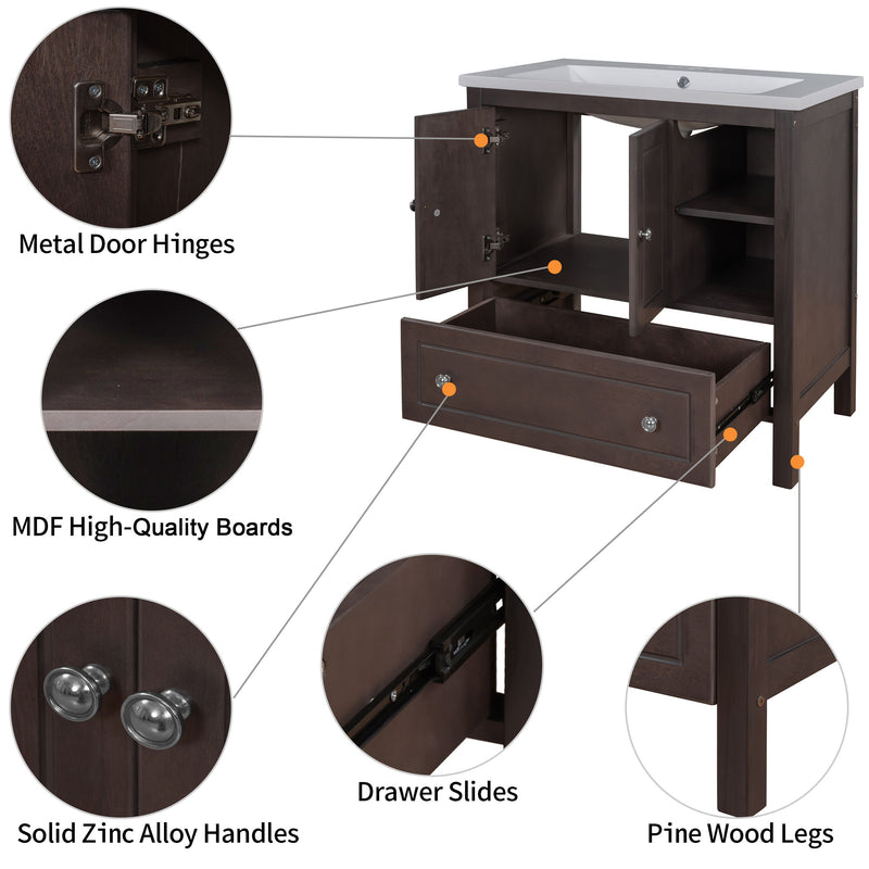 Bathroom Vanity With Sink, Bathroom Storage Cabinet With Doors And Drawers, Solid Wood Frame, Ceramic Sink