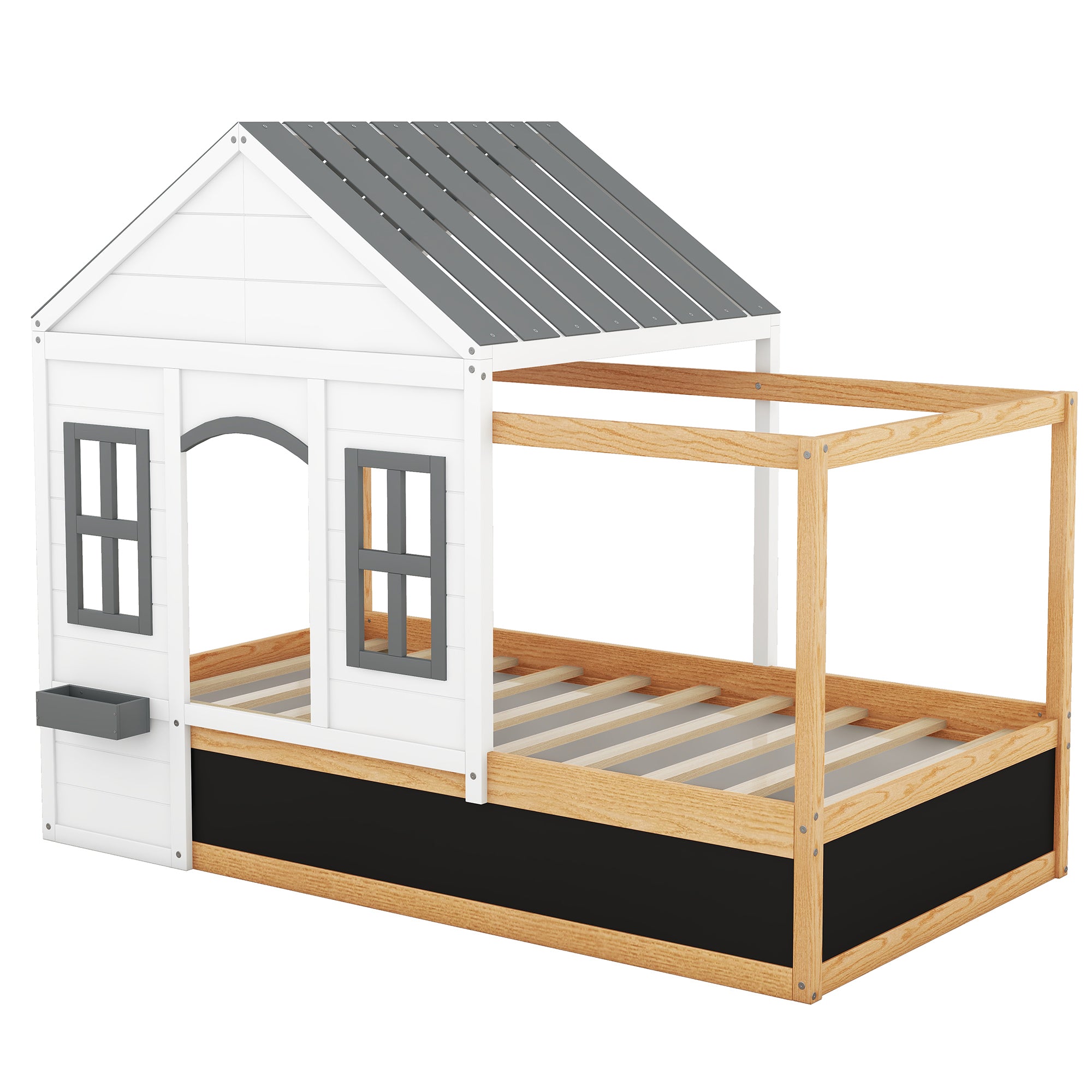 Twin Size House Shaped Canopy Bed with Black Roof and White Window,Blackboard and Little Shelf, White(Old SKU: WF294051AAK) - Atlantic Fine Furniture Melbourne FL