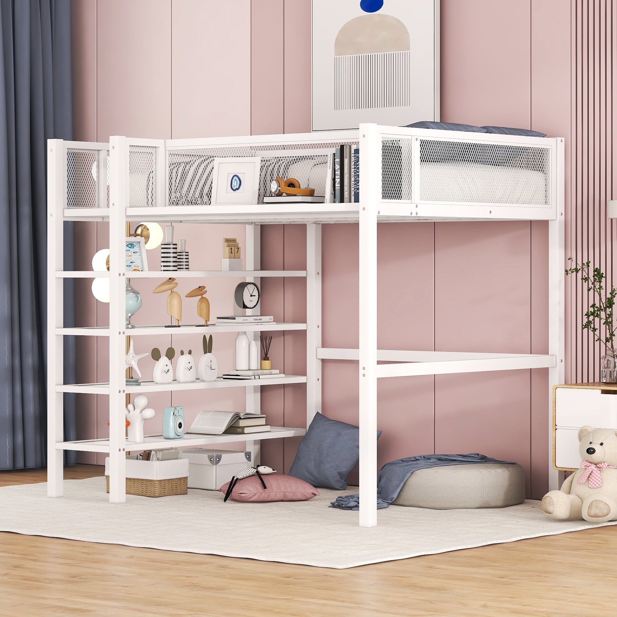 Twin Size Metal Loft Bed with 4-Tier Shelves and Storage, White - Atlantic Fine Furniture Melbourne FL
