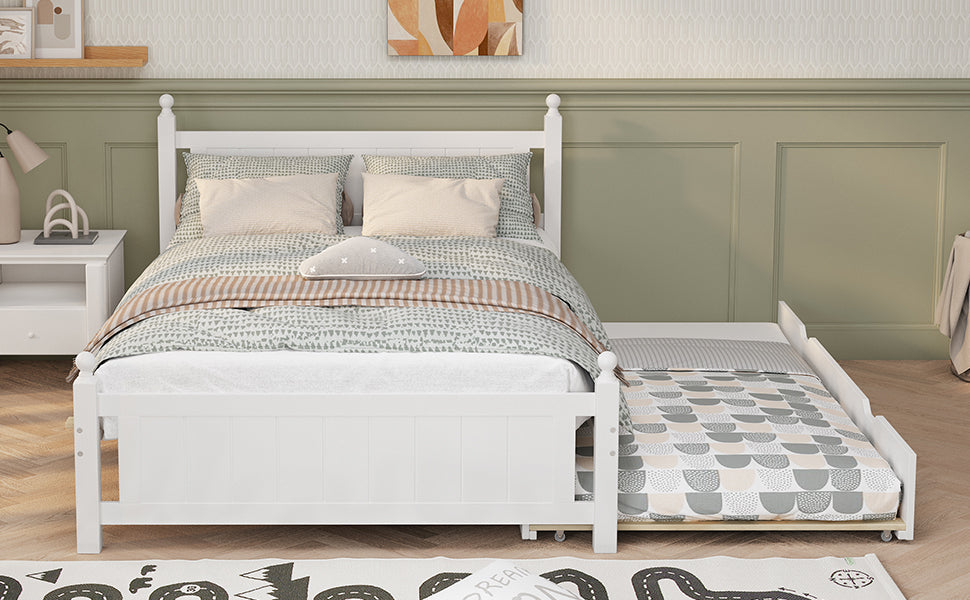 Full Size Solid Wood Platform Bed Frame with trundle for Limited Kids, Teens, Adults, No Need Box Spring, White - Atlantic Fine Furniture Melbourne FL