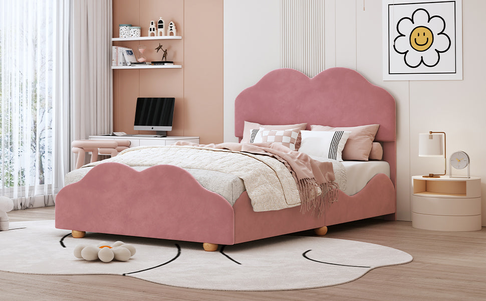 Full Size Upholstered Platform Bed with Cloud Shaped bed board, Dark Pink - Atlantic Fine Furniture Melbourne FL