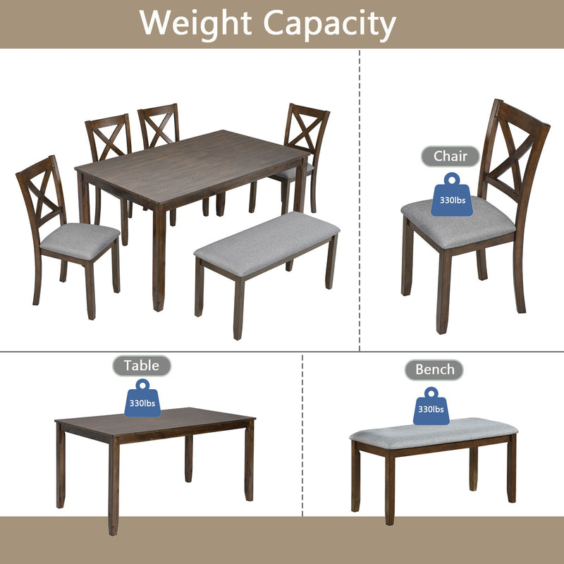 6 Pieces Kitchen Dining Set, Rectangular Wooden Dining Table With 4 Chairs And A Bench