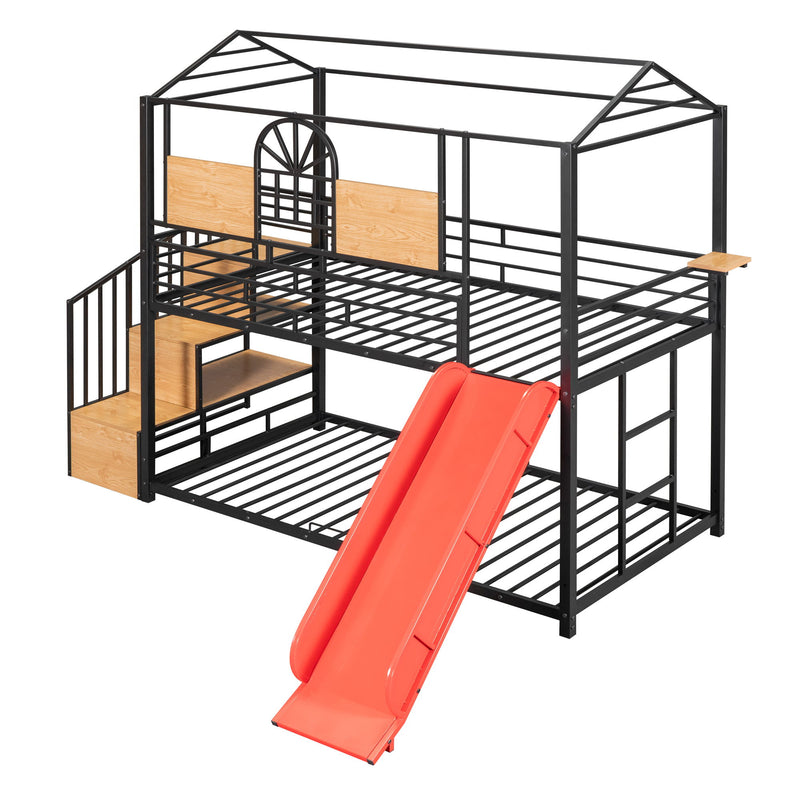 Metal Bunk Bed, Metal Housebed With Slide And Storage Stair