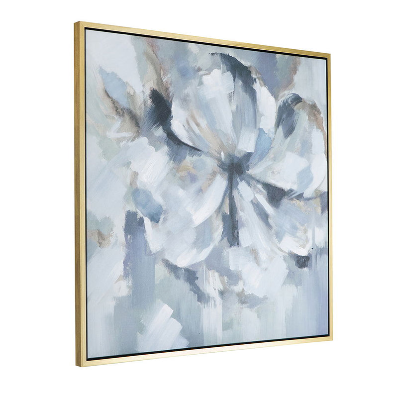 Large Modern Flower Oil Painting, Square Gold Frame Wall Art - Blue / Gray