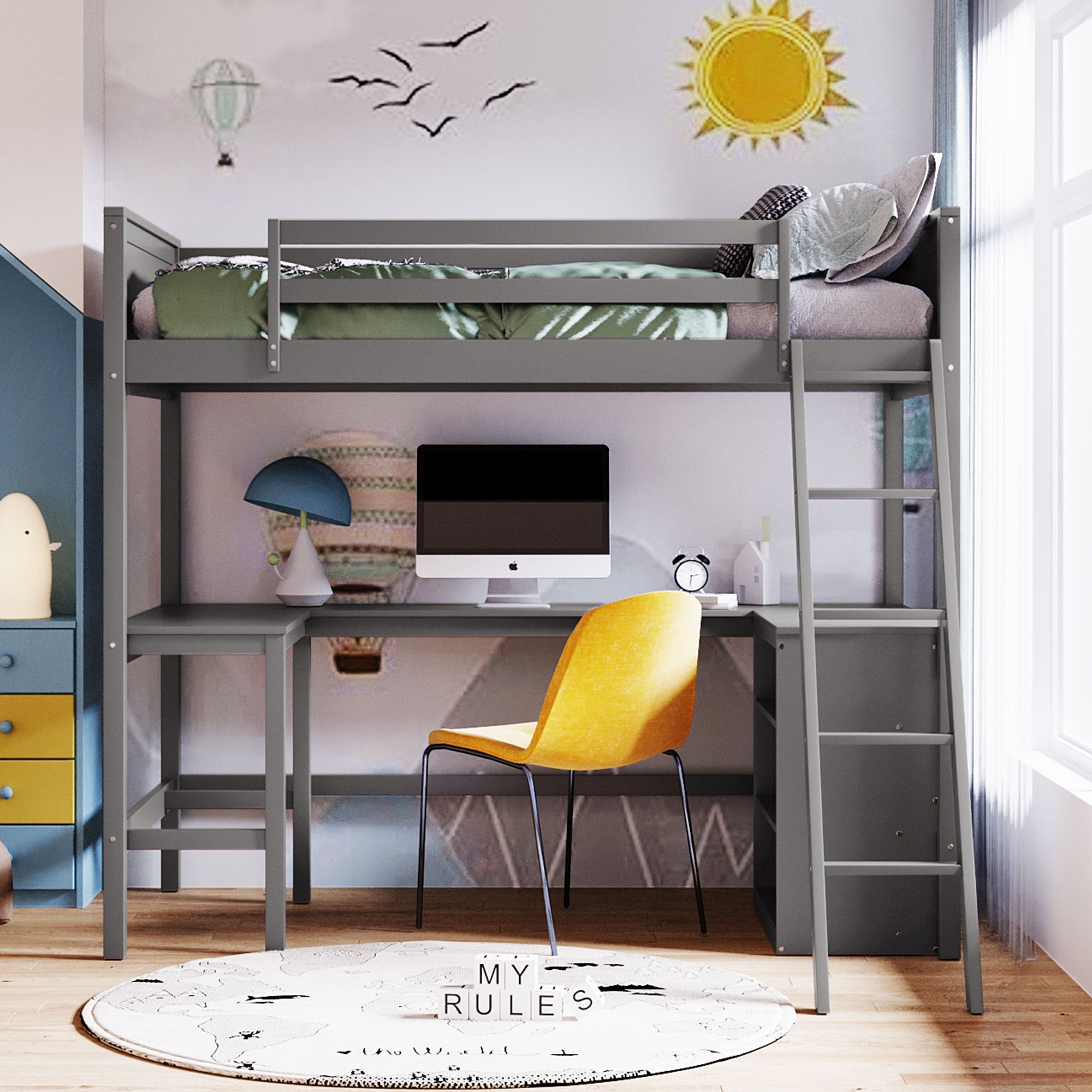 Twin size Loft Bed with Shelves and Desk, Wooden Loft Bed with Desk - Gray(OLD SKU:LT000537AAE) - Atlantic Fine Furniture Melbourne FL
