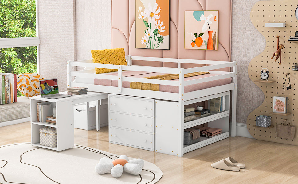 Full Size Loft Bed with Retractable Writing Desk and 3 Drawers, Wooden Loft Bed with Storage Stairs and Shelves, White - Atlantic Fine Furniture Melbourne FL