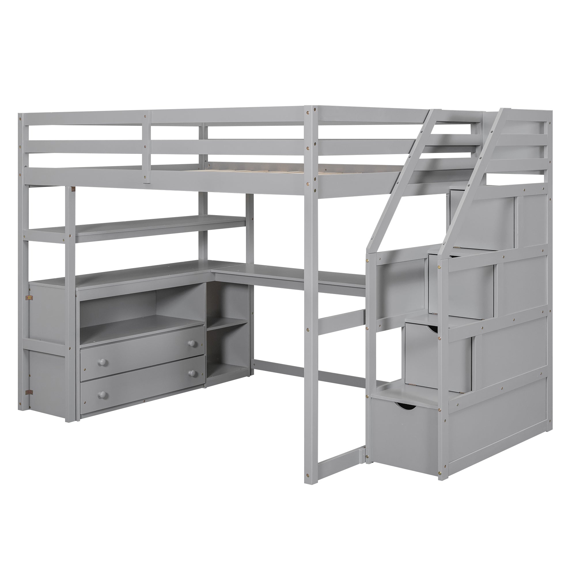 Full Size Loft Bed with Desk and Shelves, Two Built-in Drawers, Storage Staircase, Gray - Atlantic Fine Furniture Melbourne FL