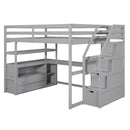 Full Size Loft Bed with Desk and Shelves, Two Built-in Drawers, Storage Staircase, Gray
