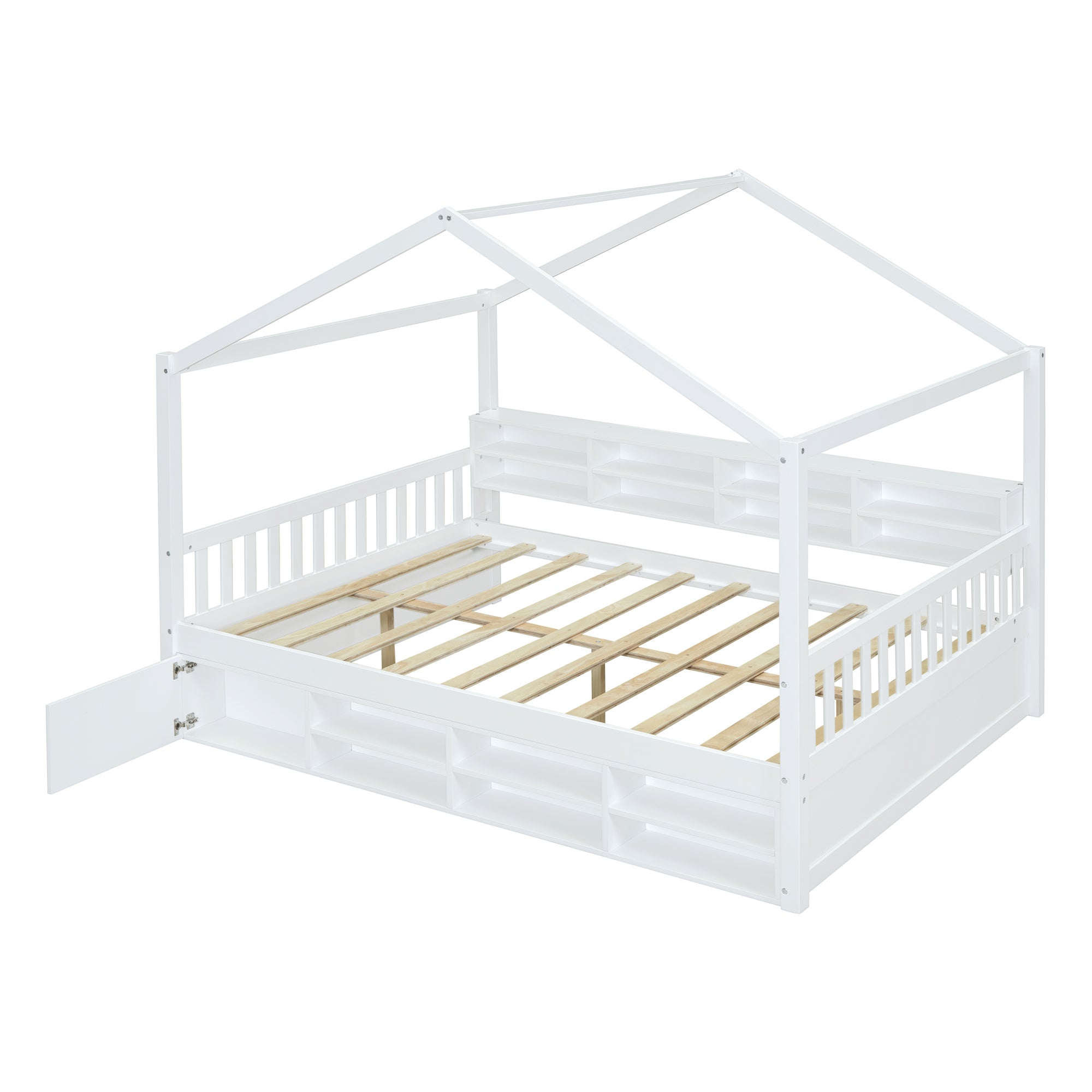 Full Size Wooden House Bed with Shelves and a Mini-cabinet, White - Atlantic Fine Furniture Melbourne FL