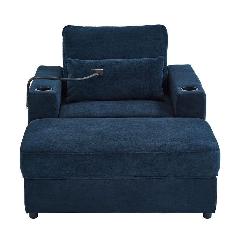 Modern Style Armchair Chaise Lounge Sofa Couch With Movable Storage Ottoman, USB Ports, Cup Holders, Phone Holder, Side Pockets