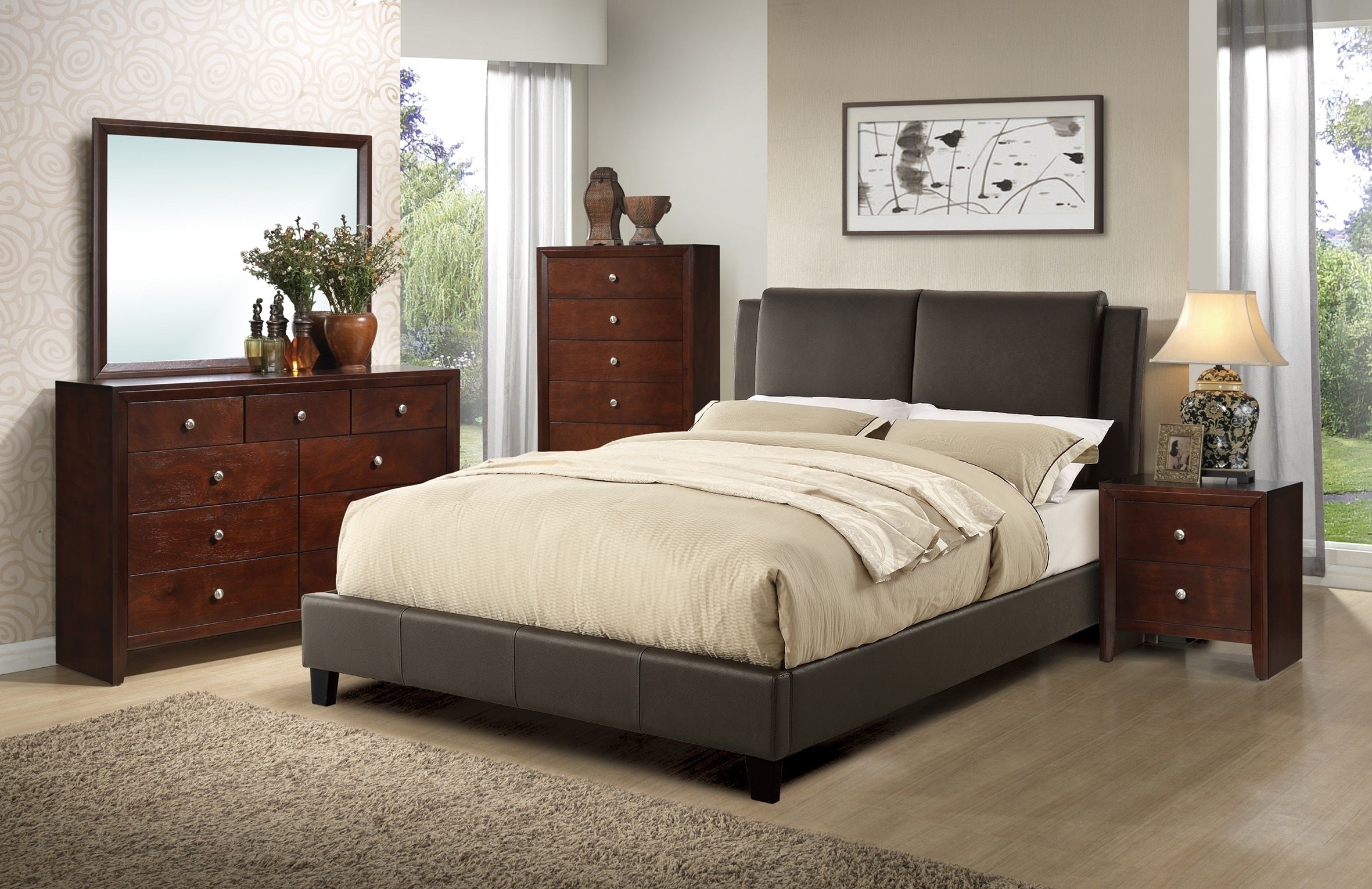 Queen Size Bed 1pc  Bed Set Brown Faux Leather Upholstered Two-Panel Bed Frame Headboard Bedroom Furniture - Atlantic Fine Furniture Melbourne FL