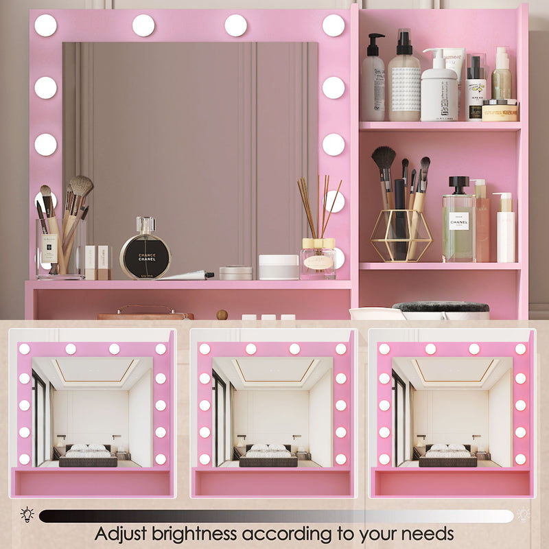 Vanity Desk With Mirror & Light, Large Drawer Three Level Storage Dresser, 3 Lighting Modes Adjustable Brightness, Bedroom Dressing Table