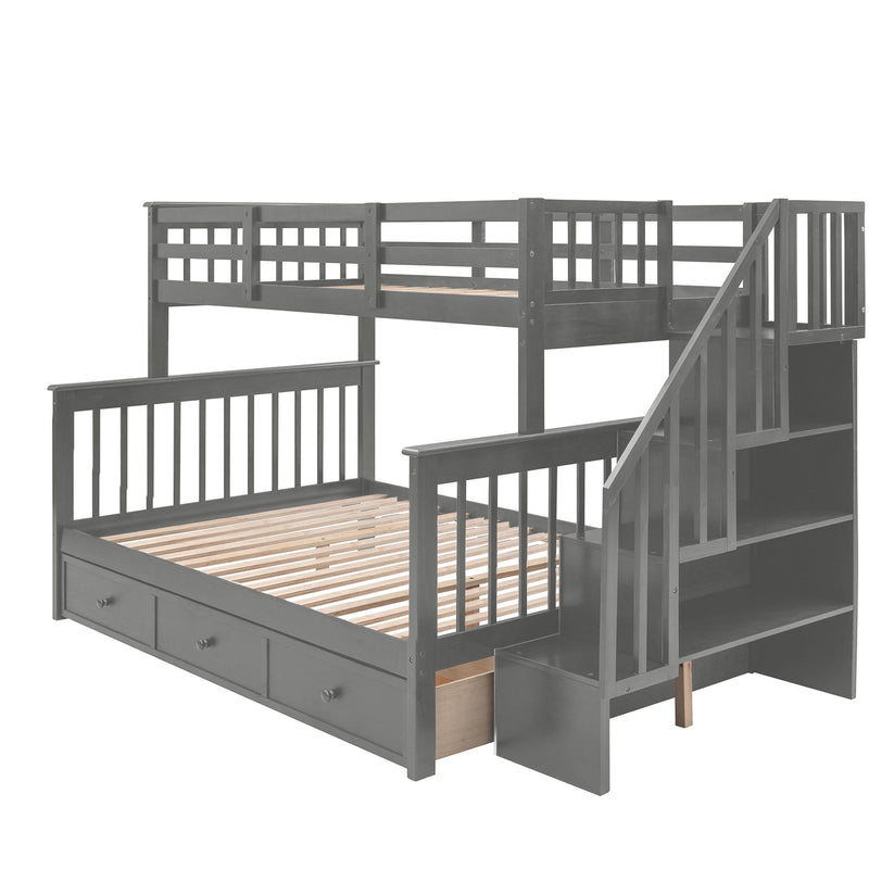 Twin Over Full Stairway Bunk Bed With Drawer, Storage And Guard Rail For Bedroom, Dorm, For Adults