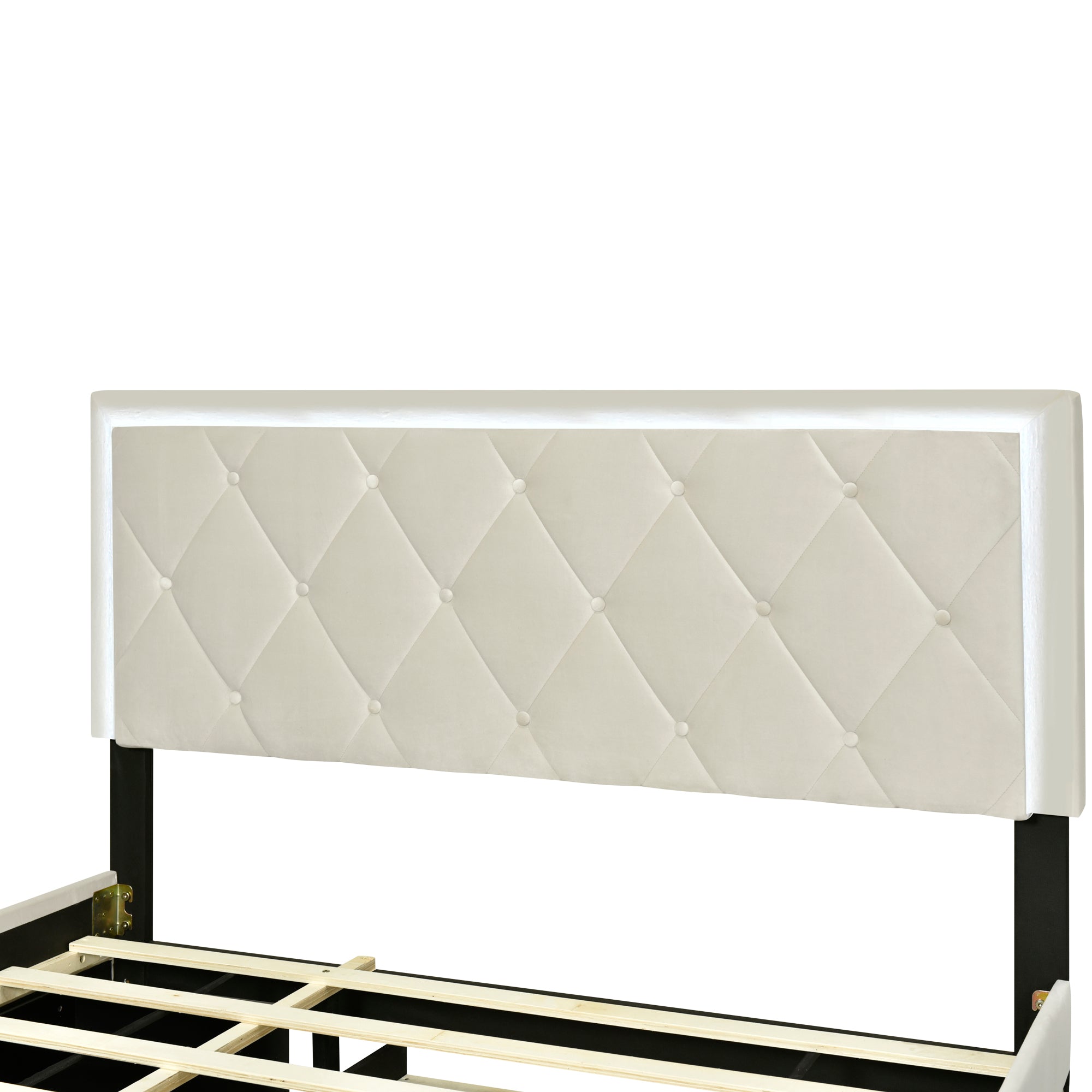 Queen Size  Velvet Storage Platform Bed, with 2 Big Drawers, Twin XL Size Trundle and LED Light, Beige - Atlantic Fine Furniture Melbourne FL
