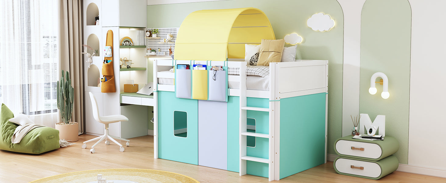 Twin Size Loft Bed with Tent and Tower  and  Three Pockets- Green - Atlantic Fine Furniture Melbourne FL